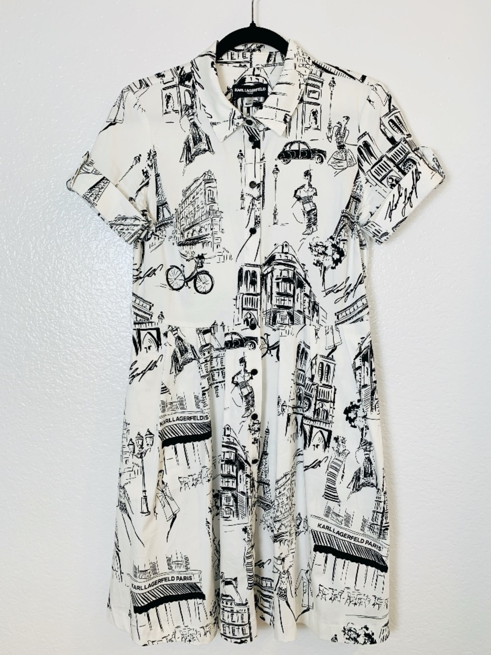 Karl Lagerfeld Paris Printed Shirt Dress Womens 10P PETITE White & Black Button